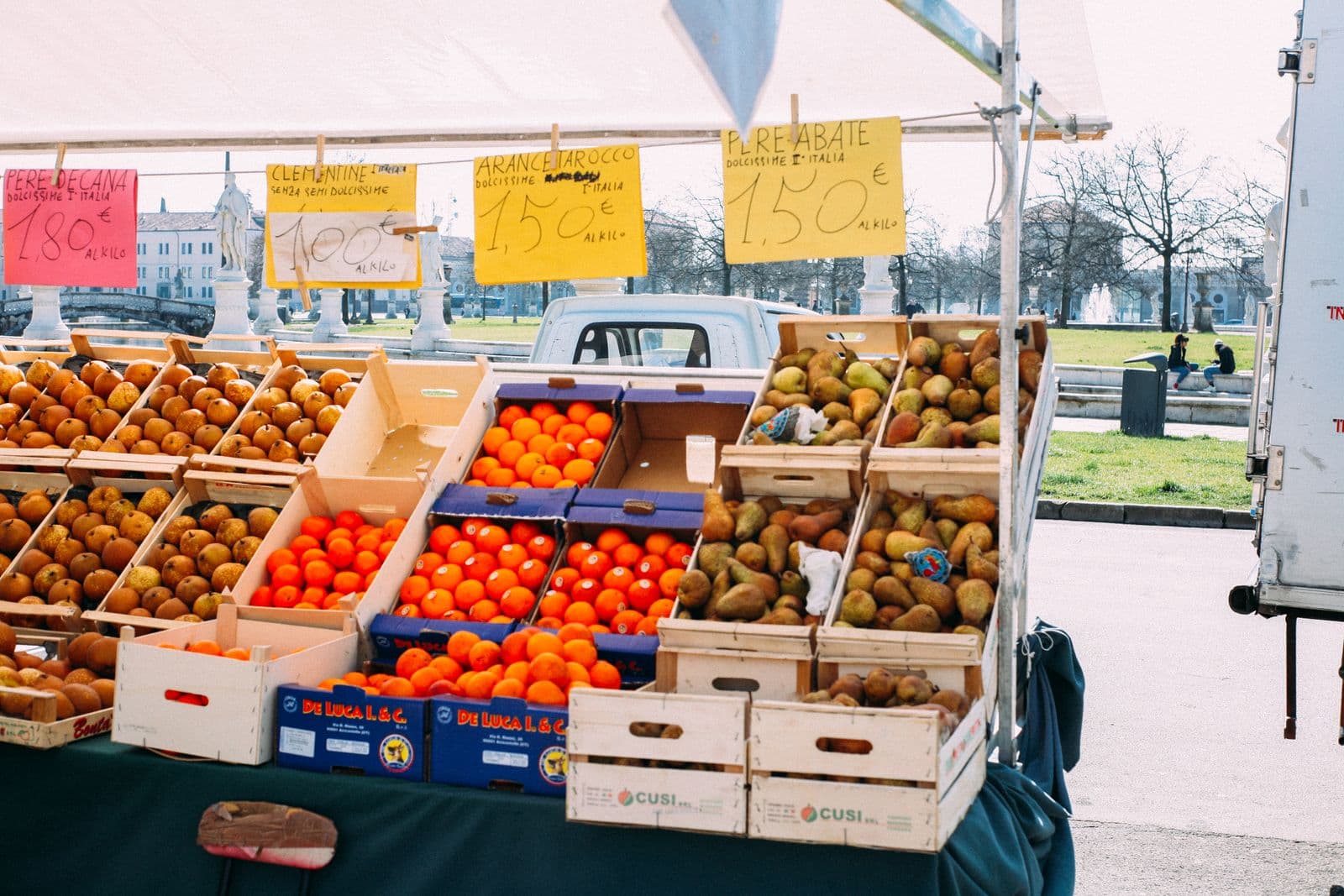 A fruit stall in Padova's Prato della Valle square, with crates of oranges and pears under handwritten yellow and pink signs pricing them in euros per kilo.