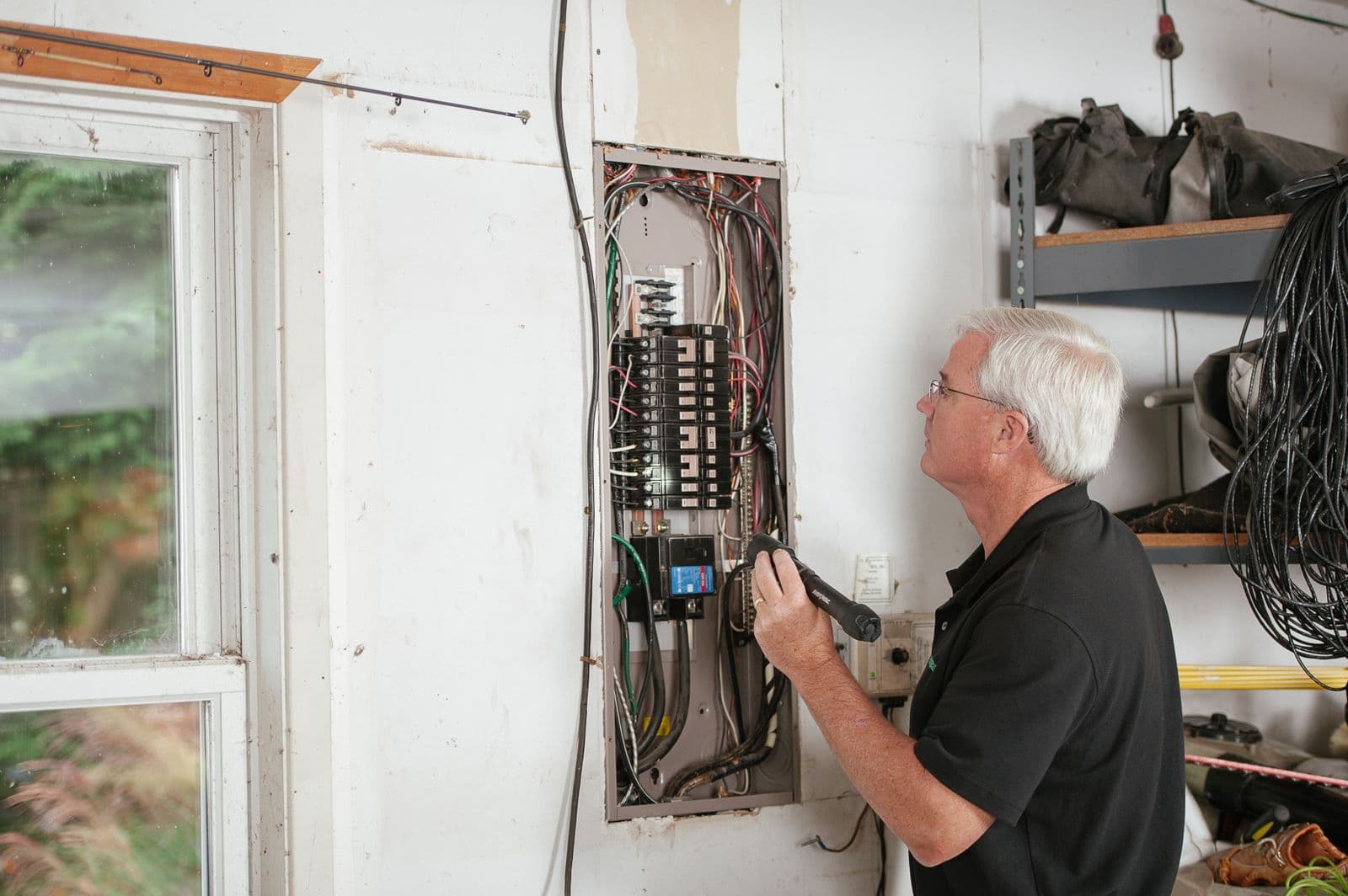 A grey-haired electrician in a black polo shirt shines a flashlight into an open residential breaker panel on a white garage wall, beside a window and shelves of cable.